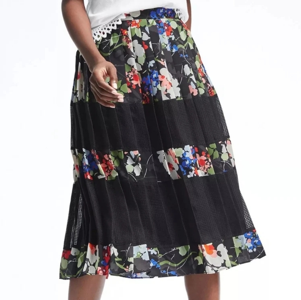 Banana Republic Multicolor Pleater Floral A-Line Midi Skirt